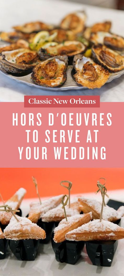 Don't forget the hor d'oeuvers! Check out some classic New Orleans bites to add at your wedding reception! New Orleans Wedding Ideas, Creole Wedding, New Orleans Party Food, New Orleans Wedding Traditions, New Orleans Dinner Party, New Orleans Appetizers, Cajun Wedding Food, New Orleans Themed Party, New Orleans Wedding Food