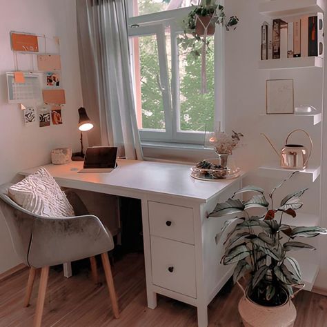 Desk At Window Ideas, Small Cosy Office, Small Desk Room Ideas, Work Space In Bedroom Desk Areas, Working Desk In Bedroom Corner, Desk By A Window, Desk Looking Out Window, Small Home Office With Window, Desk By Window Bedroom