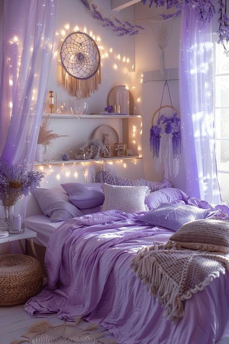 Lavender Boho Bedroom, Lavender Bedroom Ideas, Lavender Bedding, Cottagecore Bedroom, Purple Room Decor, Bedroom Girl, Purple Room, Dreamy Decor, Dream Bedroom Inspiration