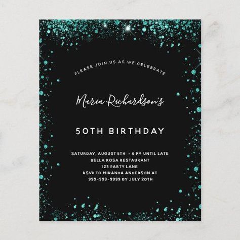 Best offer guaranteed! $0.45 Budget birthday black teal green invitation | Birthday Invitations #black #teal #seagreen #glitterdust #30th40th50th60thbirthday #70th80th90th100thbirthday #15th16th18th21stbirthday #modern #party #budgetinvitation 18th Birthday Invitations, Party Budget, Budget Birthday, Green Invitation, 50th Birthday Celebration, Green Invitations, 50th Birthday Party Invitations, 30th Birthday Invitations, 50th Birthday Invitations