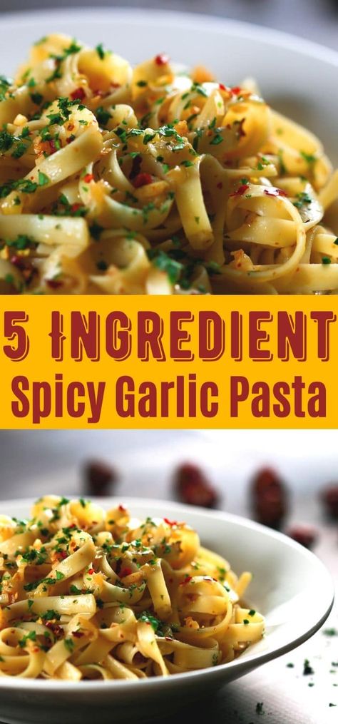 5 ingredient Chili Garlic Pasta - This pasta recipe is so quick to make and you'll find all the ingredients in your pantry already!  #PastaRecipe #GarlicPasta #PantryMeal #FastDinners #5Ingredients #30MiinuteMeals #DinnerTime #Garlic #Pasta #Spicy Spicy Garlic Butter Linguine, Spicy Garlic Chicken Pasta, Spicy Garlic Parmesan Pasta, Garlic Chili Pasta, Chili Garlic Pasta, Healthy Spicy Pasta Recipes, Chilli Garlic Pasta, Pasta Recipe No Meat, Spicy Garlic Pasta