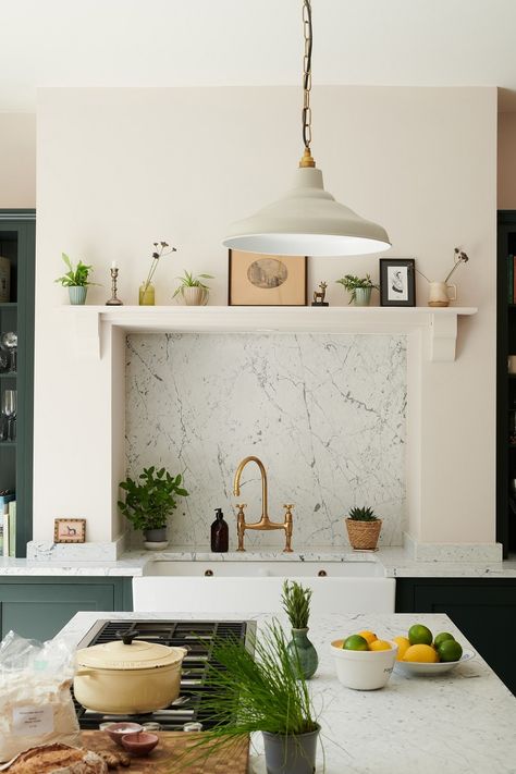 Chimney Oven Kitchen, Hob In Chimney Breast, Kitchen With Chimney Breast, Oven In Chimney Kitchen, Stove Under Window In Kitchen, Kitchen Chimney Breast, Range Mantle, Chimney Breast Kitchen, White Kitchen With Green Island