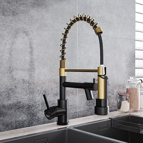 Hot Tap Kitchen, Black Taps Kitchen, Black And Gold Kitchen, Modern Kitchen Faucet, Gold Taps, Kitchen Finishes, Black Taps, Black Sink, Pot Filler