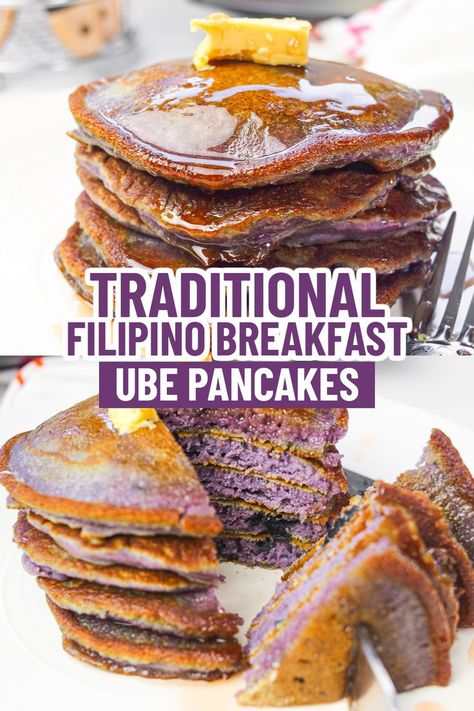 Recipes With Ube Jam, Ube Mochi Pancakes Recipe, Purple Sweet Potato Pancakes, Ube Pancakes Recipe, Ube Extract Recipe, Taro Pancakes, Purple Yam Recipe, Ube Pancakes, Purple Yams