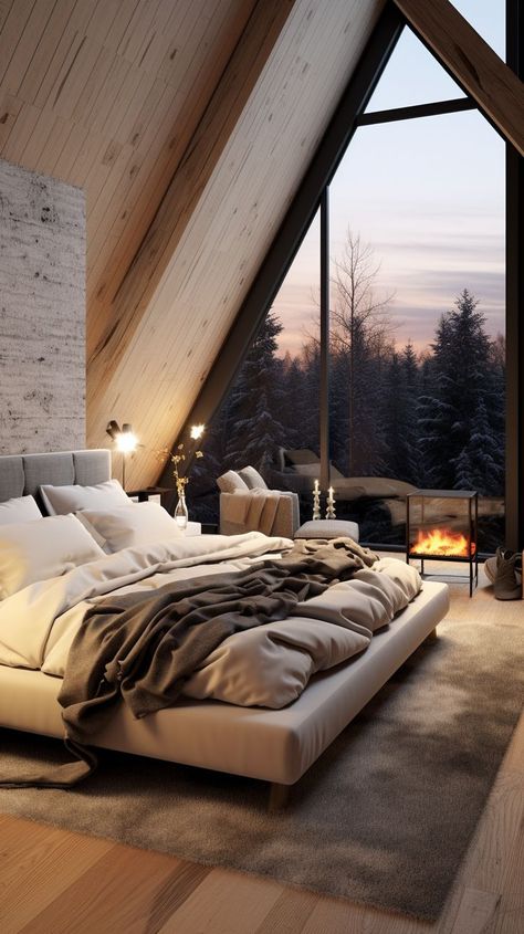 luxury master bedroom Mountain Homes Interiors, Big Windows Living Room, Beautiful Bedroom Inspiration, Luxury Chalet Interior, Lodge Aesthetic, Swiss House, Mountain Dream Homes, Bedroom Frames, Winter Bedroom