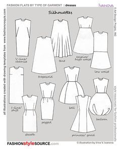 silhouettes of dresses. I think my favorite is sheath. Never would have known the name without this diagram. Types Of Clothes, Fashion Terminology, Types Of, Fashion Design Drawing, What Is Fashion, Fashion Dictionary, Fashion Terms, Fashion Silhouette, Fashion Vocabulary