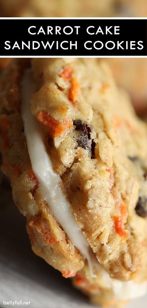 These Carrot Cake Cookies have all the flavors of your favorite carrot cake rolled into cookies. Soft, chewy, and sandwiched with a wonderful cream cheese frosting! #carrotcake #carrotcakecookies #carrotcakecookiesrecipe Carrot Cake Sandwich Cookies, Carrot Cake Cookies Recipe, Carrot Cake Cookies, Cookies Soft, Crinkle Cookies, Sandwich Cookies, Savoury Cake, Food Cakes, Cookie Desserts