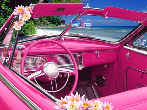 Pink Summer Aesthetic, Hot Pink Cars, Car Pink, Pink Cars, Summer Car, Pink Convertible, Barbie Car, Coconut Dream, Pink Daisies