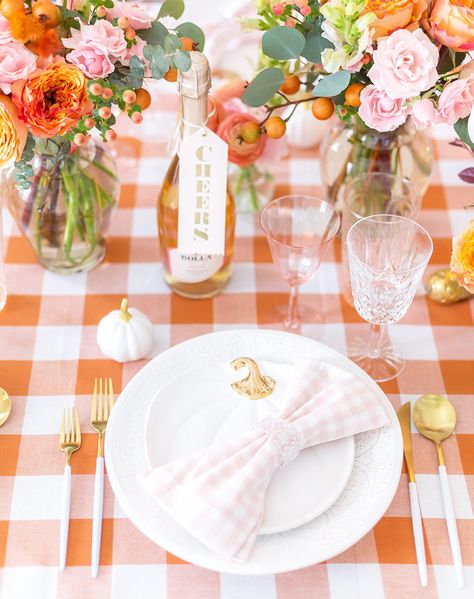 Thanksgiving Table Settings Elegant, Orange Fall Decor, Gingham Party, Fall Decor Bedroom, Fall Tablecloth, Pink Thanksgiving, Gingham Napkins, Fall Dinner Party, Orange Blush