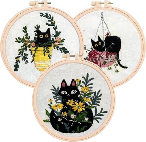 Amazon.com: The ZenStore Embroidery Kit for Beginners - Black Cats & Kittens Embroidery Patterns | 3 Hoops, Patterns, Needles, Scissors Free Stitching, Diy Embroidery Kit, Needle Threader, Different Stitches, Needlework Embroidery, Seam Ripper, Cats Kittens, Embroidery Kit, Stitch Embroidery