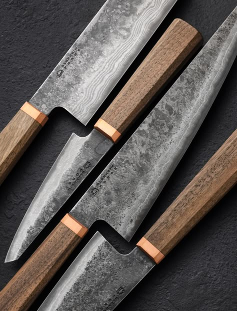 Make your kitchen complete with the comprehensive Blenheim Chef Knife Set. The four-knife kit contains a blade for every cut the kitchen demands, including the smaller petty chef, nakiri vegetable knife, versatile santoku, and full-size gyuto of Blenheim Forge's Classic Collection, at a special price. Together, these knives can tackle a wide range of meal prep tasks from handheld cuts, vegetable chopping and dicing, and slicing, and the preparation and serving of meat and fish. Each knife is hand-forged in Peckham, South London, then ground on traditional then water-cooled stone wheels, and features a san mai blade with Japanese Aogami Blue steel edge, and handles of walnut and solid copper. PETTY: Blade length: 120mm / 4.7". Overall length: 245mm / 9.7". Blade width at choil: 2.8mm. Blade Handmade Chef Knife, Kitchen Gear, Japanese Chef, Chef Knives, Chef Knife Set, Grilling Gifts, Japanese Knife, Forks And Spoons, Knife Handles