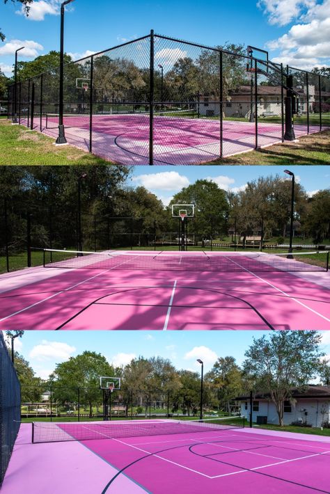 Muli-sport Court By Sportscapers.com Tennis Court Backyard, Chic Workspace, Sports Facility Architecture, Basketball Court Backyard, Backyard Basketball, Backyard Sports, Pink Basketball, Basketball Courts, Pink Gym