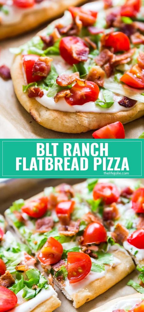 This BLT Ranch Flatbread Pizza is one of my favorite easy quick dinner hacks that combines two of my favorite things: pizza and BLT sandwiches. Crispy bacon, lettuce, tomatoes and creamy ranch dressing: Easy never tasted so good! Party Appies, Dinner Hacks, Blt Sandwiches, Easy Quick Dinner, Flatbread Pizza Recipes, Bacon Lettuce Tomato, Creamy Ranch Dressing, Pizza Ideas, Creamy Ranch