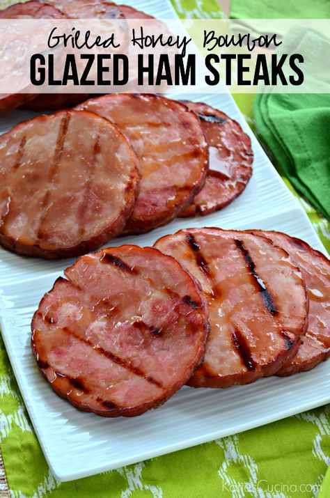 Grilled Honey Bourbon Glazed Ham Steaks Recipe using @stokgrills Ham Steaks On The Grill, Grilling Ham Steaks, Baked Ham Steaks With Pineapple, Glaze For Ham Steak, Honey Glazed Ham Steak, Ham Steak Glaze, Grilled Ham Steaks, Ham Steak Recipes, Christmas Ham Recipes