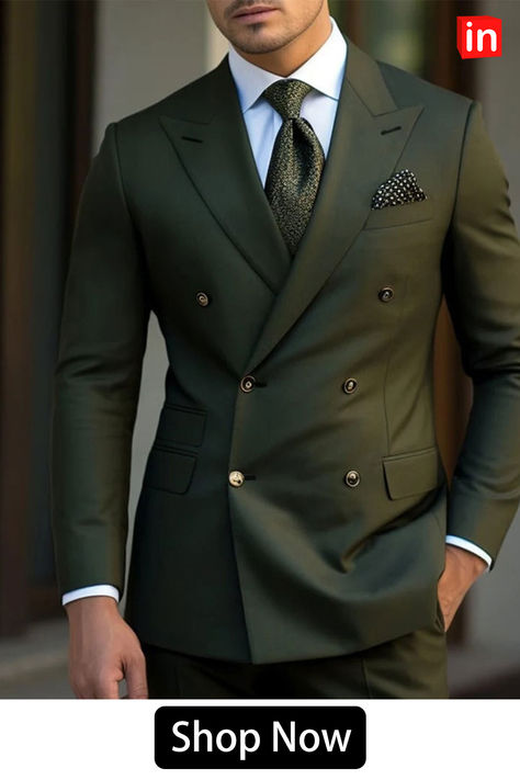 Dark Green Black Burgundy Men's Wedding Suits 2 Piece Plus Size Solid Colored Christmas Wear Peak Lapel Slim Fit Double Breasted Six-buttons 2023 Olive Green Suit, Costume Vert, Khaki Suit, Cheap Suits, Costume Noir, Mode Costume, Dress Suits For Men, Mens Suit Jacket, Green Suit