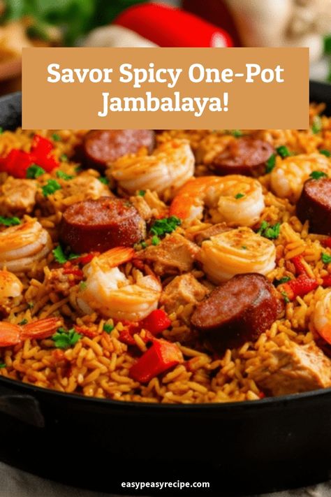 A close-up of a colorful, spicy one-pot jambalaya filled with sausage, chicken, shrimp, rice, and vegetables in a black skillet. One Pot Jambalaya Recipe, Sausage And Shrimp Recipes, Rice With Sausage, Jambalaya Rice, Struggle Meals, Sausage Shrimp, Easy Stuffed Peppers, Easy Zucchini Recipes, Avocado Chicken