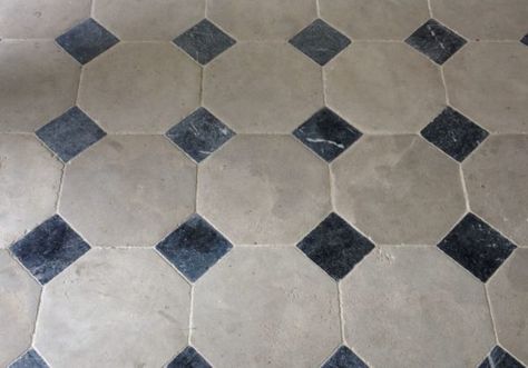 White Tiles Floor, Antique Stone Flooring, Octagon Tile, Stone Floors, Stone Floor, Limestone Flooring, Black And White Tiles, Antique Stone, Vintage Tile