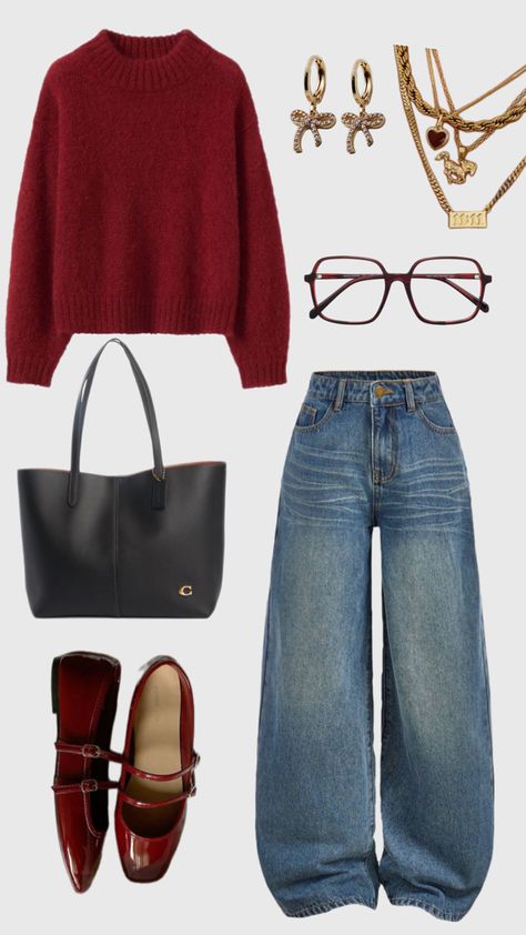 #outfitinspo#inspiration#falloutfit#burgundy Outfits With Burgundy Purse, Sunday Outfit Ideas Winter, Outfits Ideas Layout, Thrift Winter Outfits, Flats Winter Outfit, Maroon Shoes Outfit Women, Outfit With Red Sweater, Outfits With Red Mary Jane Shoes, Winter Outfits Burgundy