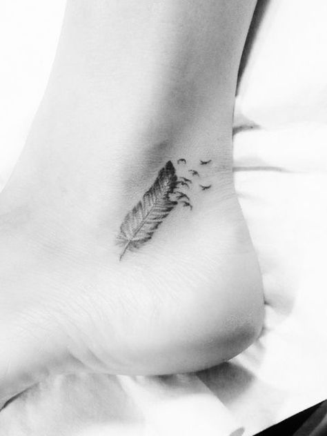 Ankle Feather Tattoos For Women, Feather Ankle Tattoo, Simple Feather Tattoo, Mam Tattoo, Bird Ankle Tattoo, White Feather Tattoos, Side Foot Tattoos, Feather Tattoo Ankle, Quill Tattoo