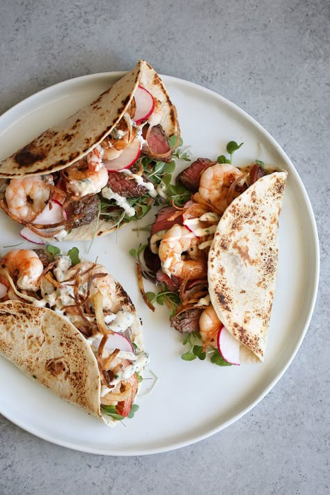 Surf And Turf Dinner Party, Surf And Turf Tacos, Chimichurri Aioli, Surf And Turf Dinner, Surf N Turf Recipes, Dinner Party Menu Ideas, Party Menu Ideas, Steak And Lobster, Taco Dinner