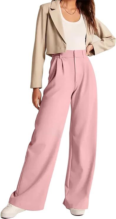 These trending trousers are SO cute in pink. Keep things light with all the dark colors of fall. They also come in other colors though! Light Pink Trousers Outfit, Elegant Pink Trousers, Pink Monochrome Outfit, Pink Trousers Outfit, Wide Pants Outfit, Pink Trousers, Trouser Outfit, Womens Wide Leg Pants, Monochrome Outfit