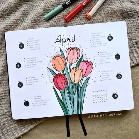 . ⊹ ｡*  ᴍᴀʀᴛʜᴀ ⊹ ｡･ . (@marthasjournal) • Instagram photos and videos Spring Journal Aesthetic, Tulip Bujo Theme, Tulip Bullet Journal Theme, Tulip Bullet Journal, Tulip Doodle, April Weekly Spread, Bullet Journal Flowers, Bullet Journal May, Bullet Journal April