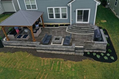 Backyard Patio Simple, Deck Around Corner Of House, Cozy Yard, Patio Lighting Ideas, Paver Patios, Patio Remodel, Backyard Layout, Family Backyard, Patio Layout