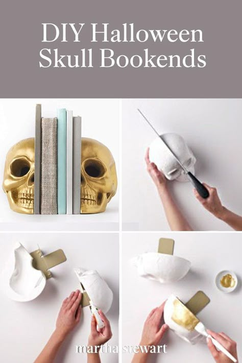 This Halloween, easily add some spooky and stylish Halloween home decor with our tutorial for Halloween skull bookends. Give your shelves a bit of skeletal flair with this simple Halloween craft. #marthastewart #halloween #halloweendecor #diyideas #diyhalloween #halloweenlivingroom Spooky Cloth Decor, Diy Sellable Halloween Crafts, Halloween Craft Fair Ideas To Sell, Upcycled Halloween Decor, Diy Elegant Halloween Decor, Goth Decor Diy Dollar Stores, Spooky Crafts For Adults Diy, Diy Gothic Decor Crafts Bedroom, Diy Skull Jewelry