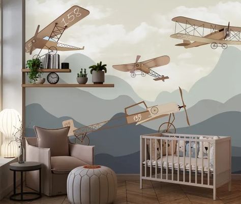 NmWallcoverings - Etsy Türkiye Nursery Wallpaper Boy, Plane Nursery, Wallpaper Walls, Room Watercolor, Airplane Kids, Kindergarten Wallpaper, Mountain Mural, Airplane Nursery, Ink Water