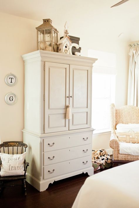 Armoir Decor Top Of Bedroom, Armoire In Hallway, How To Decorate Top Of Armoire In Bedroom, Decor For Top Of Armoire, Wardrobe Top Decor, Top Of Armoire Decor Bedroom, Armoire Bedroom Ideas, Armoire Decor Top Of, Decorating Top Of Armoire In Bedroom