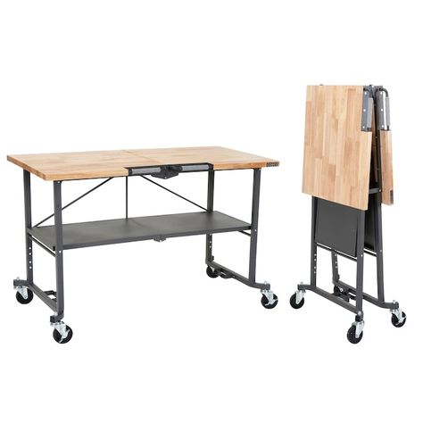 Cosco 12.6-in W Rolling Grey with Hardwood Top Butcher Block Portable Work Bench in the Work Benches & Tops department at Lowes.com Workbench On Wheels, Steel Workbench, Portable Workbench, Folding Workbench, Butcher Block Top, Garage Work Bench, Equipment Storage, Compact Storage, Craft Table