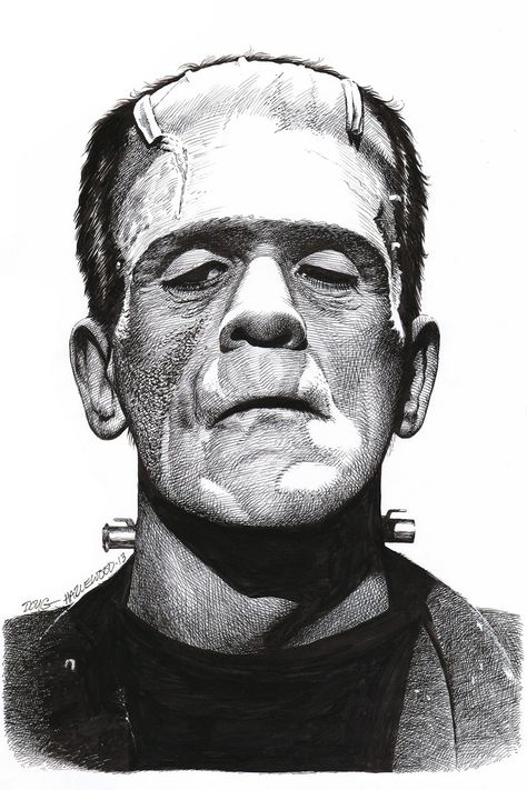 Frankenstein Tattoo Stencil, Frankenstein Reference, Frankinstine Drawings, Frankenstein Tattoo Traditional, Frankenstein Tattoo Design, Frankenstein Art Illustrations, Frankenstein Black And White, Frankenstein Sketch, Frankenstein Portrait