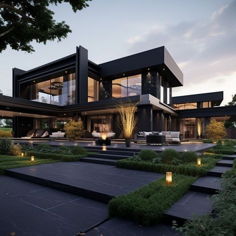 Dark Luxury House, Modern Mansion Exterior, Black Luxury House, Dark Modern House, Modern Black House, Mini Mansion, Mansion Aesthetic, Mansion Exterior, Luxury Houses Mansions