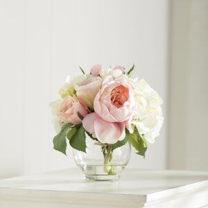 Rose Floral Arrangements, Small Flower Arrangements, Simple Wedding Flowers, Silk Florals, Hydrangea Bouquet, Stone Vase, Rose Centerpieces, Table Arrangement, Wedding Flower Arrangements