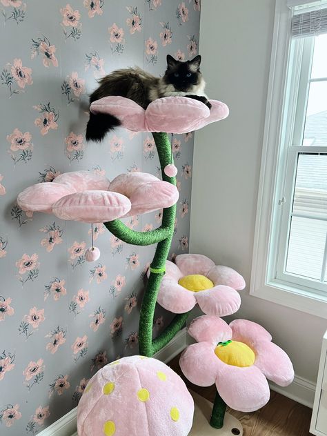 Cat flower tree with four perches and a mushroom kitty house. Best cat trees for picky cats. Flower Cat Tree, Flapping Bird, Feather Wand, Best Cat Toys, Kitty House, Tree Mushrooms, Cool Cat Trees, Cat Laser, Toys Ideas