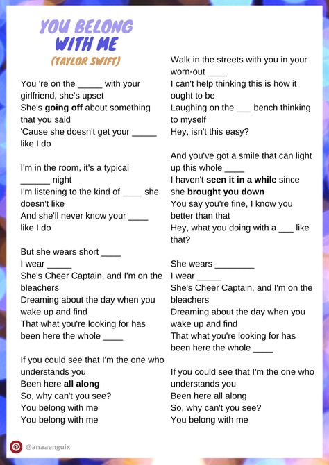 Worksheet with lyrics to complete Song Lyrics Worksheet, Taylor Swift Worksheet, Nsync Lyrics, Lyrics Worksheet, Songs For Teenagers, Complete The Lyrics, Song Worksheet, English Activity, Barbie Song