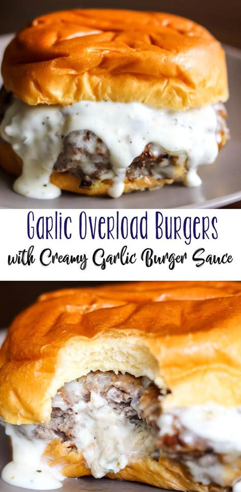 If you love garlic, you'll love these Garlic Overload Burgers with Creamy Garlic Burger Sauce; they will blow you away. Cream cheese with herbs and garlic tango together, in a juicy burger that is full of flavor. #burgermonth #sponsored #Girlcarnivore part of the best burger recipes Dinners With Hamburger Meat Healthy, Delicious Dinner Ideas Chicken, Cheap Dinners Recipes For Family, Cheese Sauce For Hamburgers, Garlic Hamburger Recipes, Healthy Ground Burger Recipes, What To Make With Ground Hamburger, Ring Bologna And Cheese Platter, Fitness Dinner Recipes