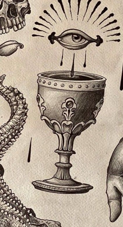 Chalice Drawing, Medieval Tattoo Flash, Chalice Tattoo, Ancient Art Tattoo, Medieval Tattoo, Engraving Tattoo, Tattoo Shading, Rose Tattoos For Men, Alchemy Art