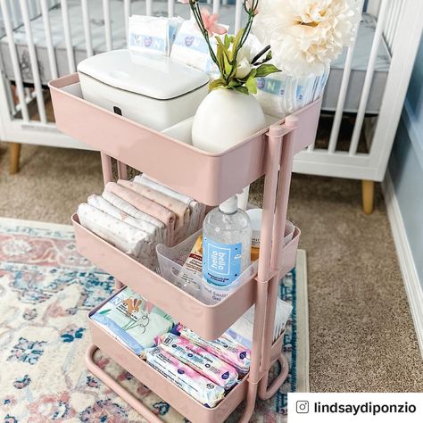 Blush 3-Tier Rolling Cart | The Container Store Nursery Cart Organizer, Caddy Organization Ideas, Diaper Caddy Cart, Diaper Cart Organization, Diaper Caddy Organization, Diaper Cart, Nursing Carts, Cart Organization, Baby Room Closet