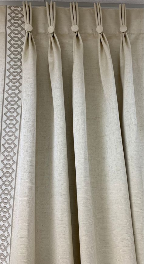 Gold Curtain Rods Living Room, Pinch Pleat Drapes, Living Room Drapery Ideas, Curtain Trim Ideas, Pinch Pleated Drapes Living Rooms, Draperies Ideas For Living Room, Curtains With Trim, Pinch Pleat Curtains With Rings, Drapery Ideas