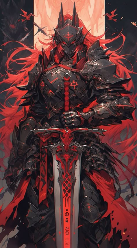 Black And Red Armor, Armor Drawings, Crimson Knight, Dark Paladin, Blood Dragon, Magic Armor, Japanese Art Samurai, Warrior Concept Art, Red Knight