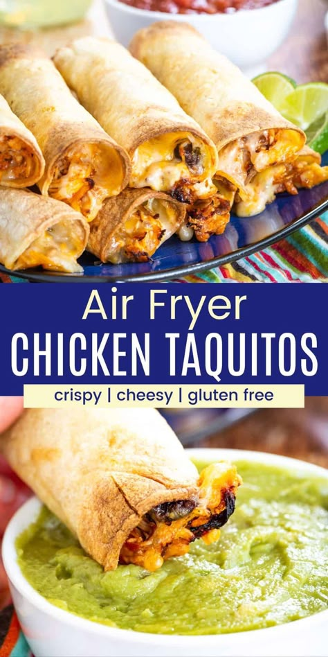 This easy Chicken Taquitos recipe is a healthier version of a Tex Mex favorite because there's no frying in oil. Yes, you can make air fryer taquitos that are still crispy and crunchy on the outside, plus cheesy and just a bit spicy on the inside. Enjoy them as an easy dinner or party appetizer with salsa and guacamole for dipping! Keto Chicken Ranch Taquitos, Crockpot Taquitos Chicken, Air Fry Chicken Taquitos, Rotisserie Chicken Taquitos Air Fryer, Healthy Air Fryer Taquitos, Chicken Burritos Air Fryer, Keto Chicken Taquitos Recipe, Airfryer Chicken Taquitos, Low Carb Tortilla Air Fryer Recipes