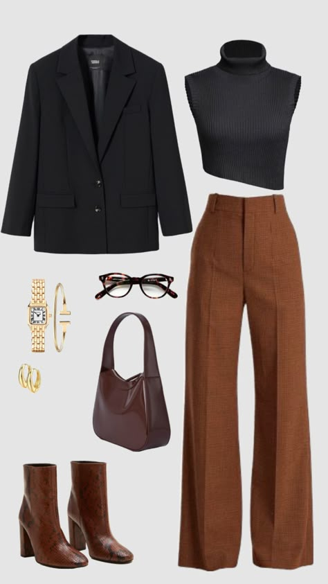 Brown Checked Pants Outfit, Black And Brown Business Outfit, Autumn 2024 Fashion, Brown Slacks Outfit Women, Dark Brown Pants Outfit, Model United Nations Outfit, Black And Brown Outfit, Winter Business Casual, Stylish Work Attire