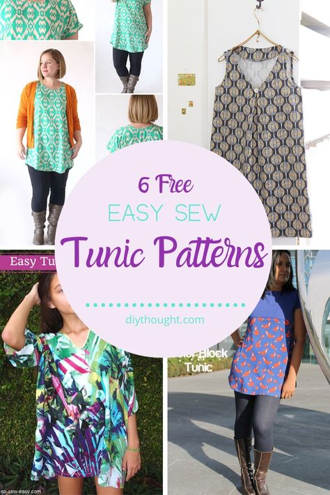 6 Free Easy Sew Tunic Patterns - diy Thought Tunic Top Patterns Sewing, Tunic Pattern Free, Short Night Gown, Tunic Tops Pattern, Top Pattern Sewing, Easy Tunic, T Shirt Sewing, Pant Skirt, T Shirt Sewing Pattern