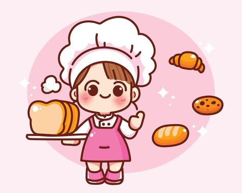 Cartoon Art Illustration, Dessert Logo, Cartoon Chef, Cute Bakery, Bakery Items, Chef Uniform, Bakery Logo, Hand Logo, Cartoon Logo