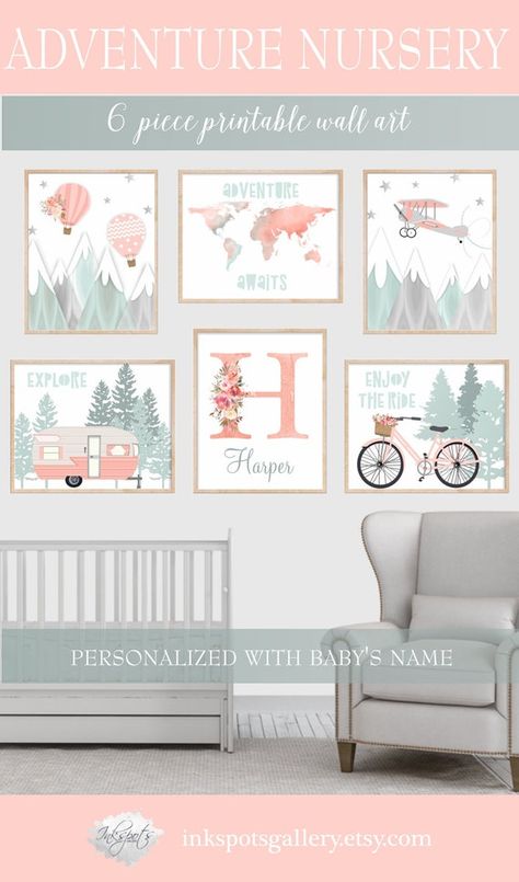 Adventure Nursery Girl, Infant Bedroom, Nursery World Map, Adventure Awaits Nursery, Adventure Nursery Decor, Adventure Theme Nursery, Mountains Watercolor, Travel Nursery, Girl Nursery Themes