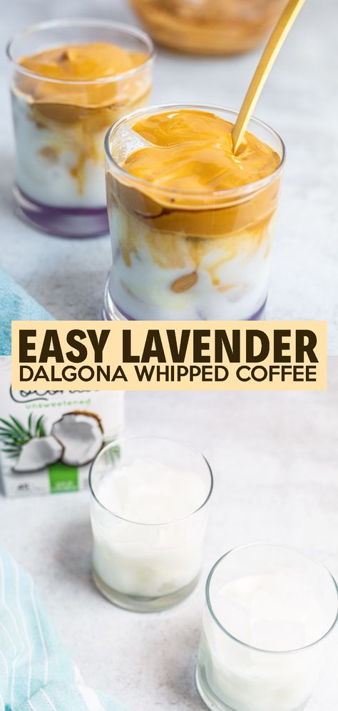 This Dalgona Lavender Whipped Coffee is one of the easy, delicious, and addicting cold drinks that you can make. Try and enjoy a glass of coconut milk, ice, and lavender syrup topped with whipped coffee. Yum! Coffee Bomb Recipe, Lavender Iced Coffee, Coconut Milk Benefits, Lavender Drink, Cold Brew Coffee Recipe, Whipped Coffee, Lavender Syrup, Ice Milk, Refreshing Drinks Recipes