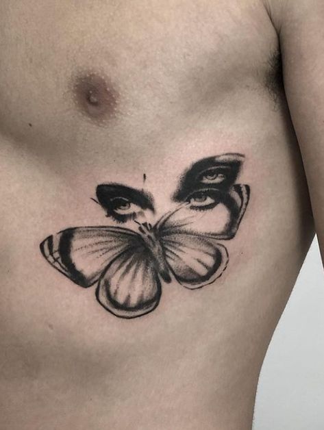 Butterfly eye tattoo black and gray realism surrealism contrast Butterfly With Eyes Tattoo, Butterfly Eye Tattoo, Butterfly With Eyes, Dark Butterfly Tattoo, Deftones Tattoo, Dark Butterfly, Eyes Tattoo, Butterfly Eyes, Sleeve Ideas