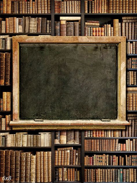 Vintage Library Chalkboard Photography Backdrop - Photography backdrop featuring a vintage chalkboard surrounded by antique books on shelves. Vintage Classroom Decor, Vintage Classroom, Homeschool Room Decor, Themed Photography, Rustic Chalkboard, Vintage Chalkboard, Chalkboard Decor, Backdrop Photography, Vintage Library