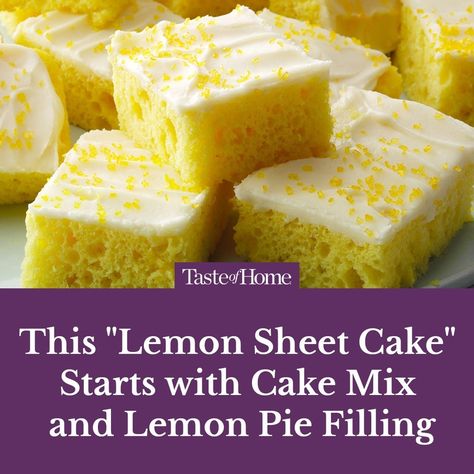 You've NEVER had a cake like this! 🍋 Click the link in our bio for the full recipe. ⁠ ⁠ #sheetcake #cakestagram #lemoncake #dessertideas #dessertrecipes #tasteofhome What To Make With Lemon Pie Filling, Lemon Sheet Cake With Glaze, Lemon Cake With Lemon Pie Filling, Lemon Pie Filling Recipes Canned, Doctored Lemon Cake Mix Recipes, Recipes With Lemon Pie Filling, Lemon Cakes Recipes, Lemon Pie Filling Cake, Lemon Cake To Die For